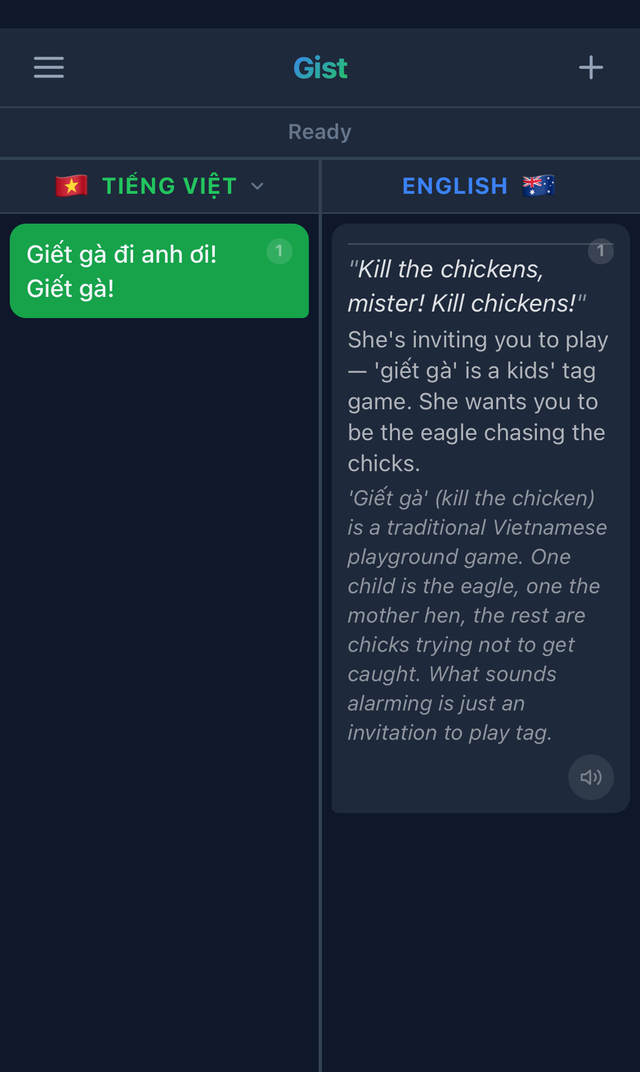 Gist interpreting 'Giết gà' — a Vietnamese kids' game that literally translates as 'Kill the chickens' — showing cultural context that Google Translate misses